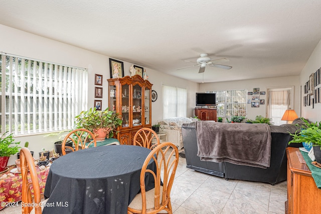 dining room with ceiling fan, a wealth of natural light, and a textured ceiling