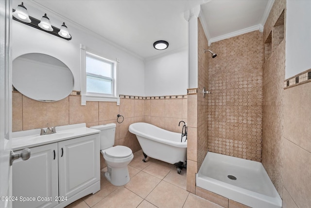 full bathroom featuring tile walls, ornamental molding, tile patterned flooring, and separate shower and tub