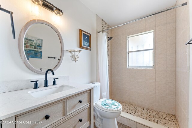 bathroom with toilet, vanity, and curtained shower