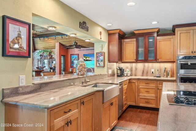 kitchen with ceiling fan, sink, stainless steel appliances, dark wood-type flooring, and kitchen peninsula