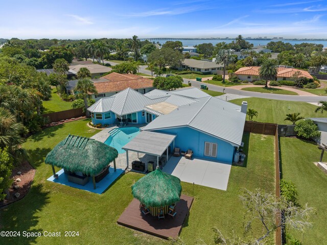 aerial view featuring a water view