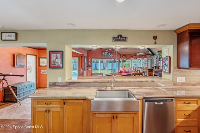 kitchen featuring kitchen peninsula, stainless steel dishwasher, ceiling fan, and sink