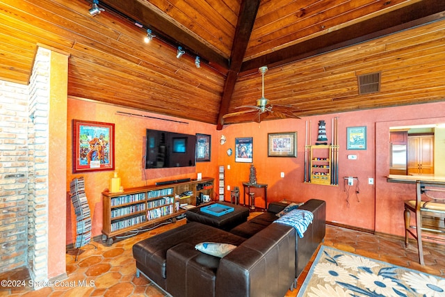 living room featuring ceiling fan, wooden ceiling, rail lighting, and high vaulted ceiling