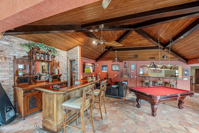 playroom featuring bar, ceiling fan, lofted ceiling with beams, and pool table