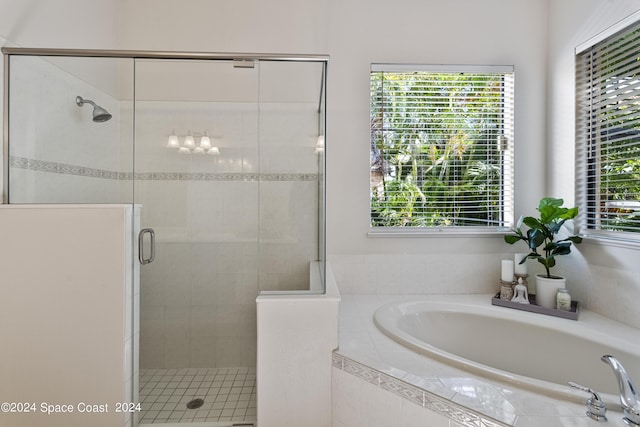 bathroom featuring a bath, a shower stall, and a wealth of natural light