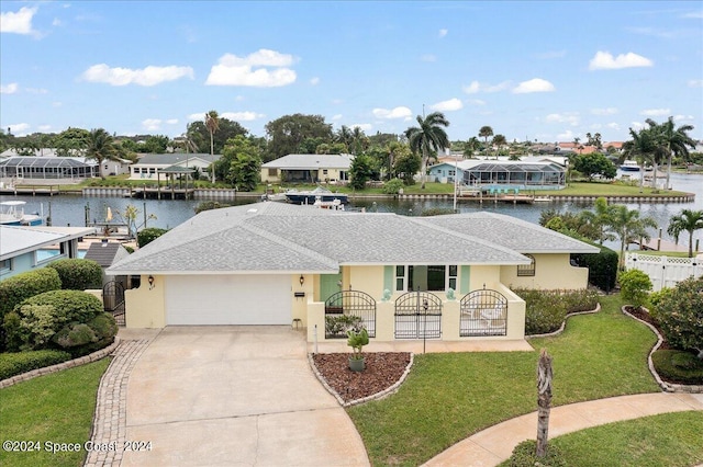 ranch-style house with a water view, a garage, and a front yard