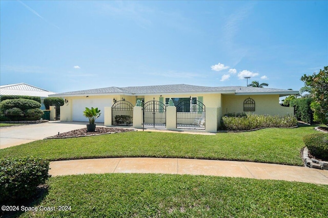 view of front of home featuring a front yard and a garage