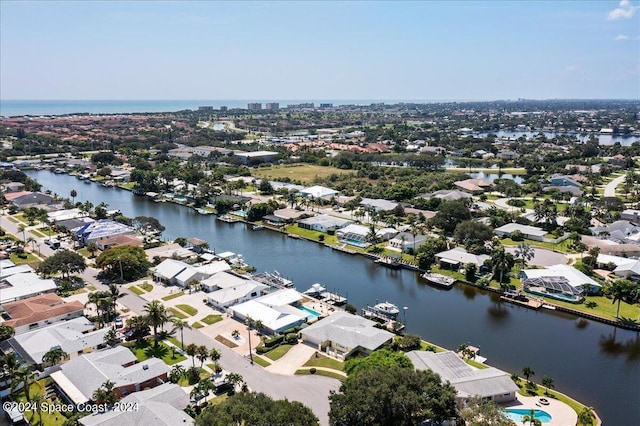 aerial view featuring a water view