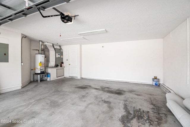 garage with gas water heater, a garage door opener, electric panel, and heating unit