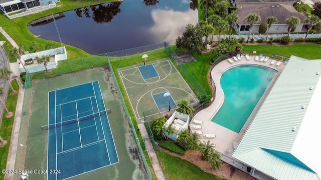 drone / aerial view with a water view