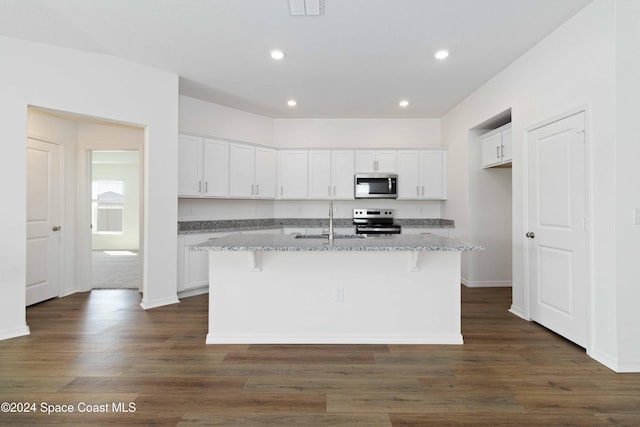 kitchen with white cabinetry, light stone counters, an island with sink, and appliances with stainless steel finishes