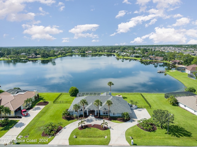 bird's eye view with a water view