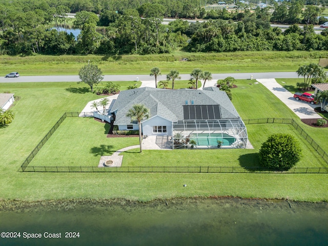 bird's eye view with a water view