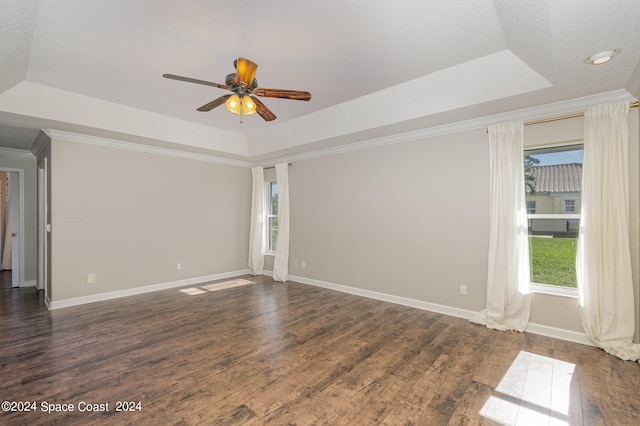 spare room with ceiling fan, a raised ceiling, and hardwood / wood-style floors