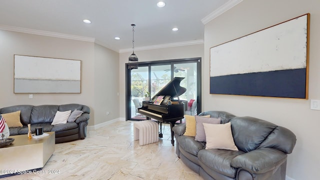 living room with light tile patterned flooring and crown molding