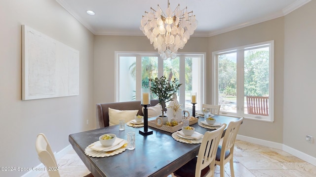 dining area featuring light tile patterned floors, a chandelier, and ornamental molding