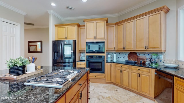 kitchen featuring ornamental molding, tasteful backsplash, black appliances, light tile patterned floors, and dark stone countertops