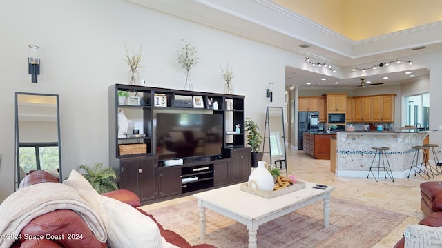 tiled living room with a high ceiling, crown molding, and rail lighting