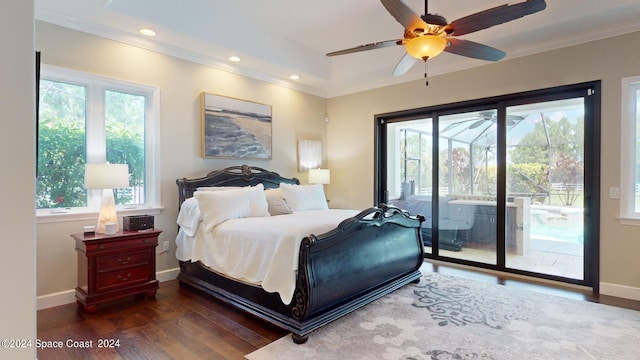 bedroom with ceiling fan, multiple windows, access to exterior, and dark hardwood / wood-style floors