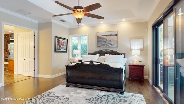 bedroom featuring ceiling fan, dark hardwood / wood-style flooring, ensuite bath, access to exterior, and crown molding