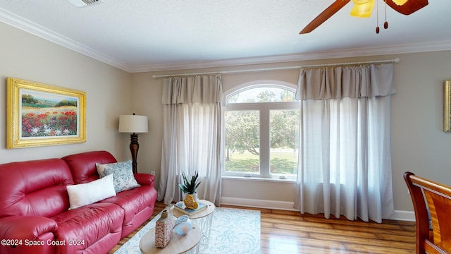 living room featuring ceiling fan, light wood-type flooring, and crown molding