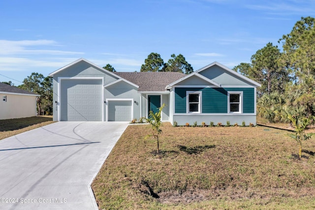 single story home featuring a front yard, roof with shingles, stucco siding, driveway, and an attached garage