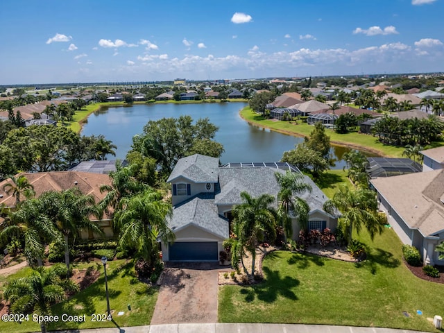 drone / aerial view featuring a water view