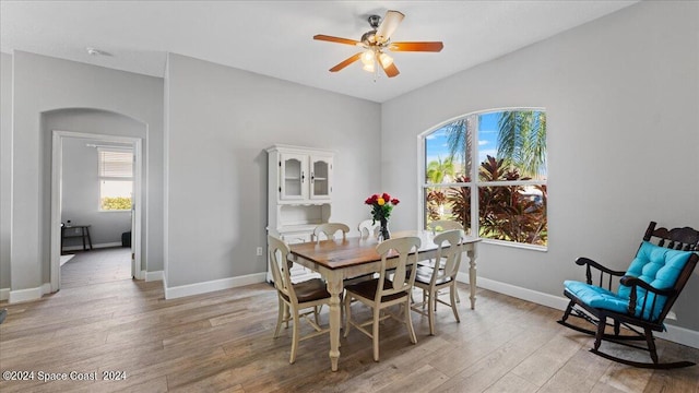 dining area featuring ceiling fan and light wood-type flooring