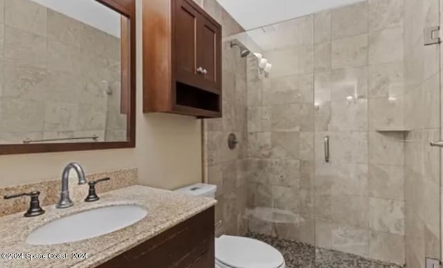 bathroom with vanity, toilet, and walk in shower