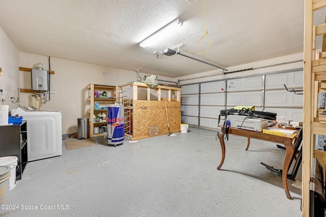 garage with washing machine and clothes dryer, a garage door opener, and tankless water heater