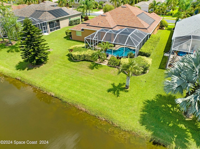 bird's eye view with a water view