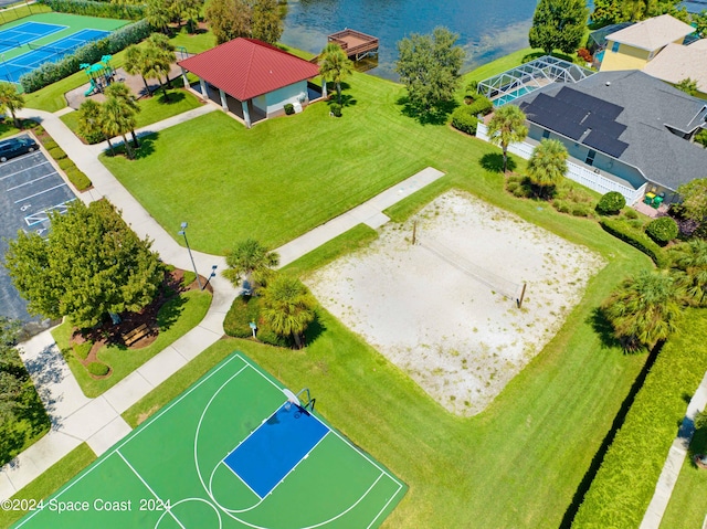 aerial view featuring a water view