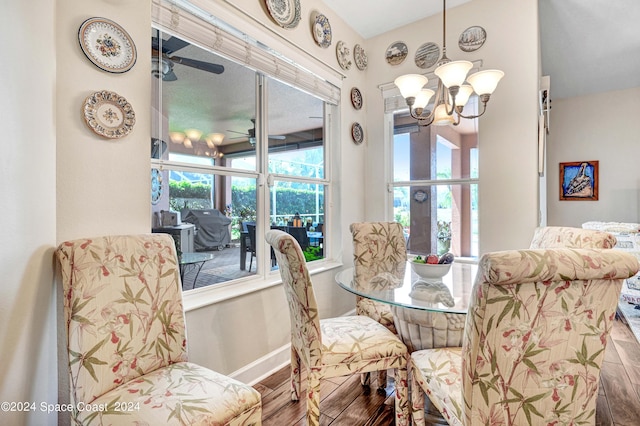 dining space featuring hardwood / wood-style flooring and ceiling fan with notable chandelier