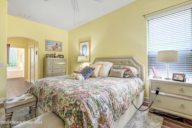 bedroom featuring ensuite bath, ceiling fan, multiple windows, and wood-type flooring