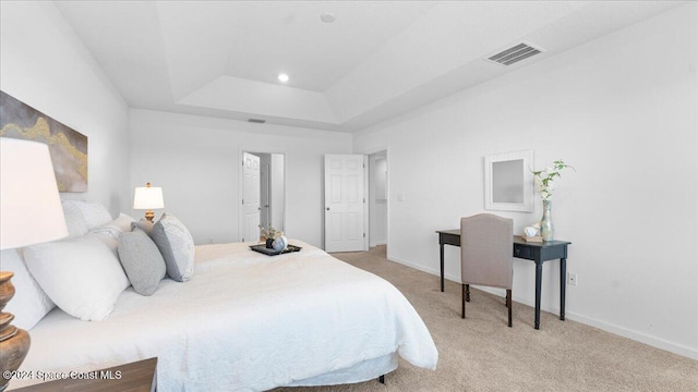 carpeted bedroom featuring a tray ceiling