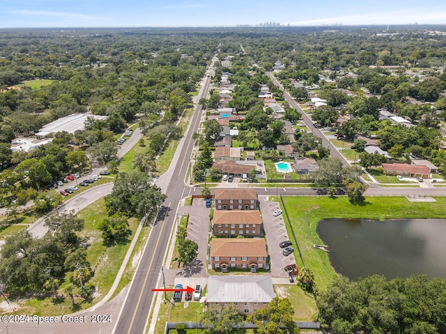 aerial view featuring a water view