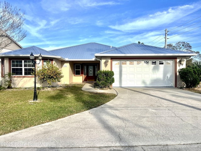 ranch-style house with a garage and a front yard