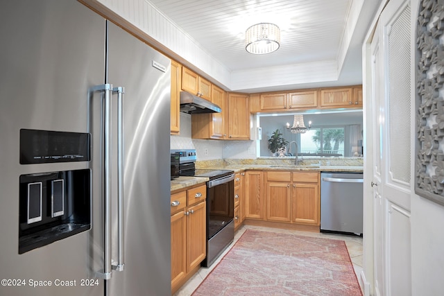 kitchen with crown molding, a raised ceiling, appliances with stainless steel finishes, a sink, and under cabinet range hood