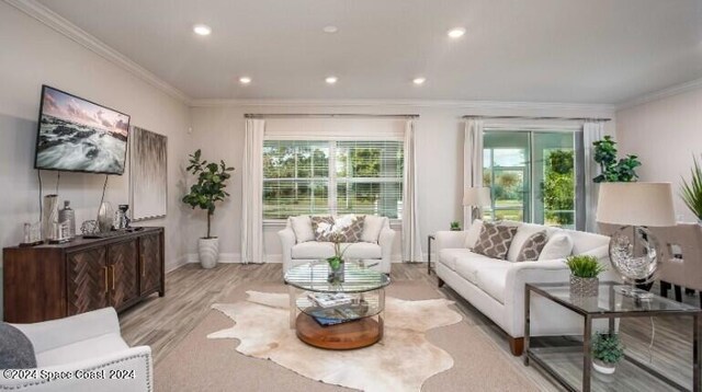 living room featuring a healthy amount of sunlight, light hardwood / wood-style floors, and ornamental molding