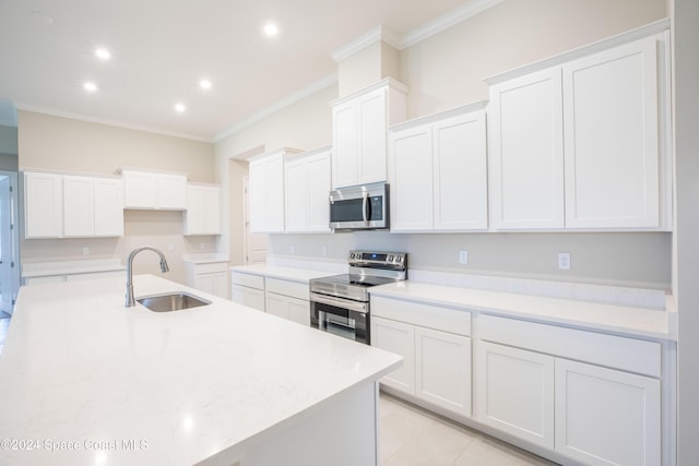 kitchen with sink, stainless steel appliances, light stone counters, ornamental molding, and white cabinets