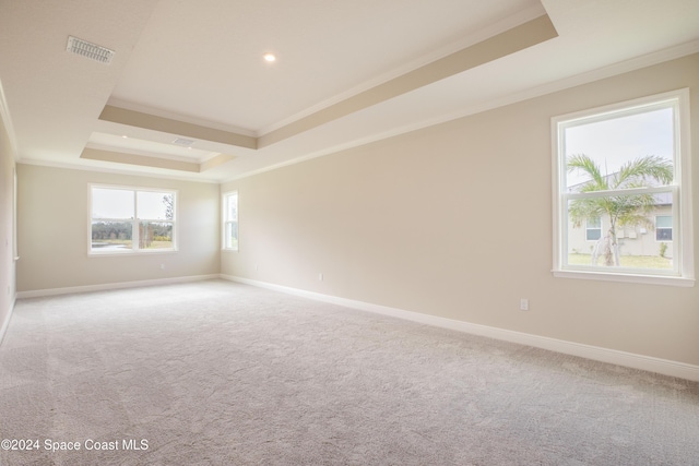 empty room with a tray ceiling, ornamental molding, and carpet flooring