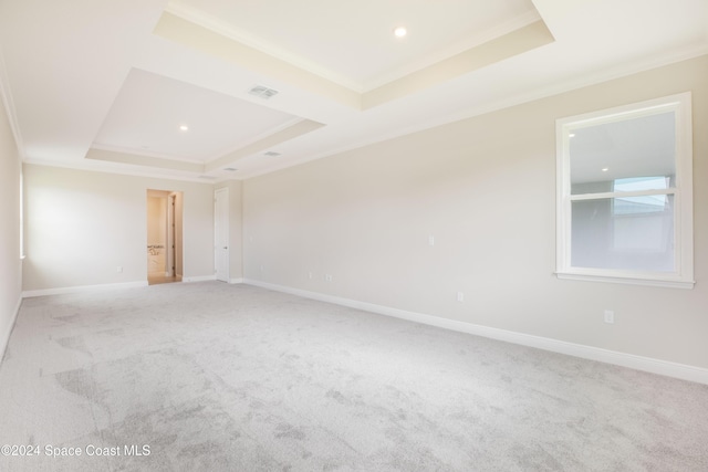 carpeted empty room featuring a tray ceiling and ornamental molding