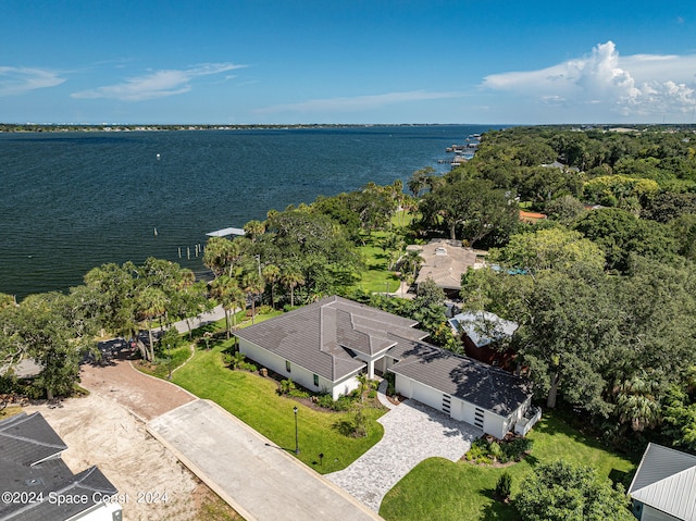 birds eye view of property featuring a water view