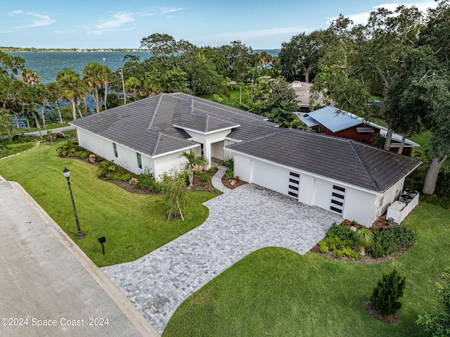 aerial view featuring a water view