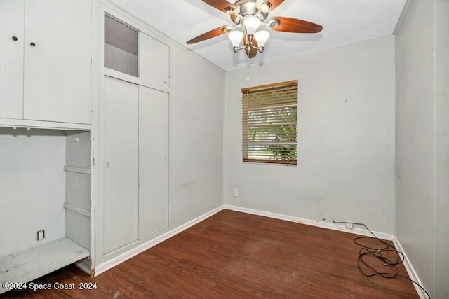 interior space featuring dark wood-type flooring and ceiling fan