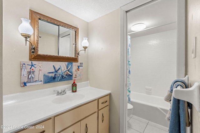 full bathroom with vanity, tile patterned floors, a textured ceiling, shower / bath combination with curtain, and toilet