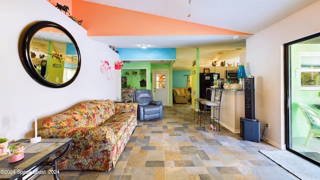 living room featuring vaulted ceiling