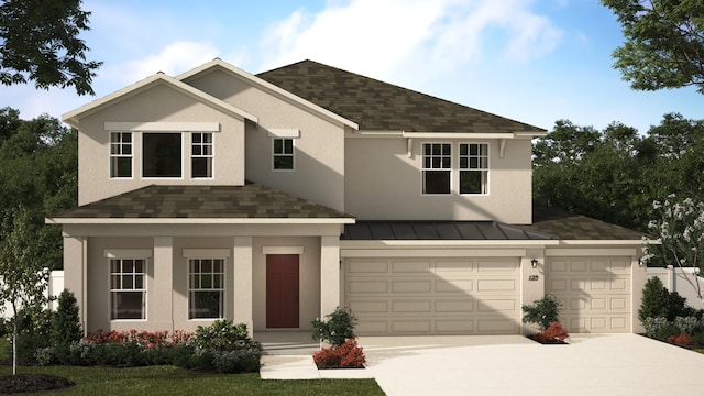 view of front facade with metal roof, an attached garage, a shingled roof, driveway, and a standing seam roof