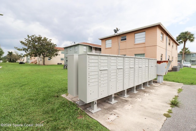 surrounding community with a yard and a mail area