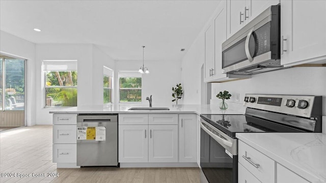 kitchen featuring stainless steel appliances, sink, kitchen peninsula, and white cabinets